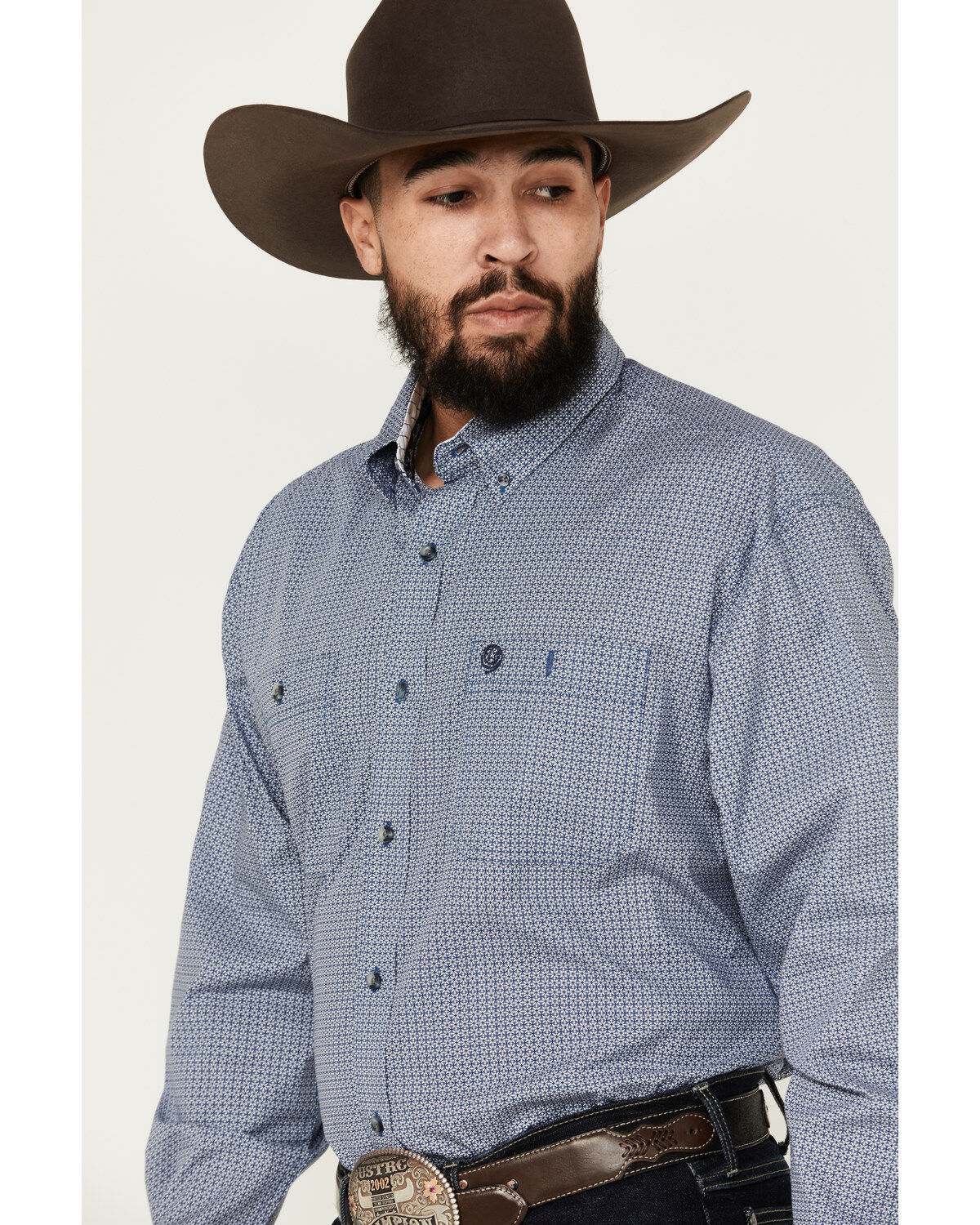 Image #2 - George Strait by Wrangler Men's Geo Print Long Sleeve Button-Down Western Shirt, Blue, hi-res