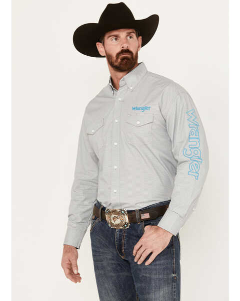 Wrangler Men's Team Logo Geo Print Long Sleeve Button-Down Western Shirt - Tall, Grey, hi-res