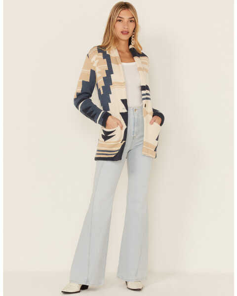 Pendleton Women's Sandshell & Navy Southwestern Graphic Wool Blend Cardigan Sweater, Tan, hi-res