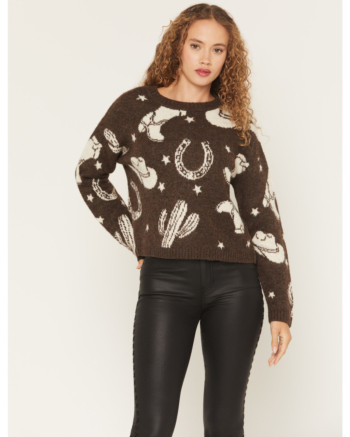 Image #1 - Idyllwind Women's Saddleridge Western Conversation Print Sweater, Pecan, hi-res