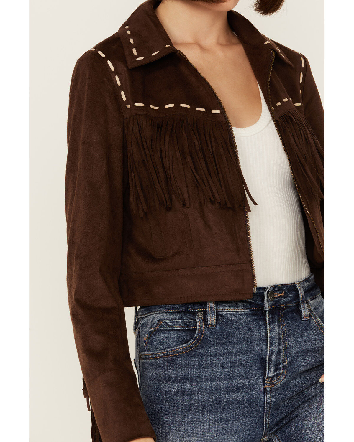 Image #3 - Shyanne Women's Faux Suede Contrast Stitch Fringe Jacket, Dark Brown, hi-res
