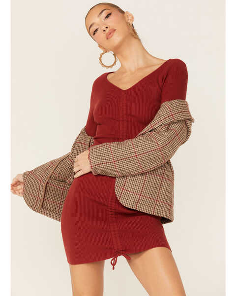 Lush Women's Cinnamon Long Sleeve Drawstring Sweater Dress, Rust Copper, hi-res