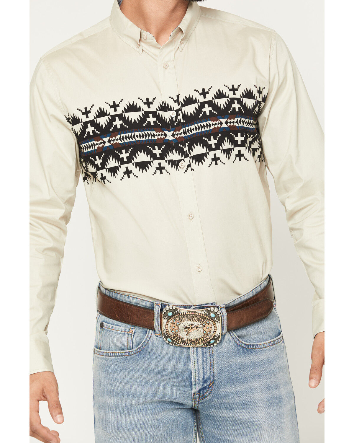 Image #3 - RANK 45® Men's Olympic Southwestern Border Long Sleeve Button-Down Stretch Western Shirt, Tan, hi-res