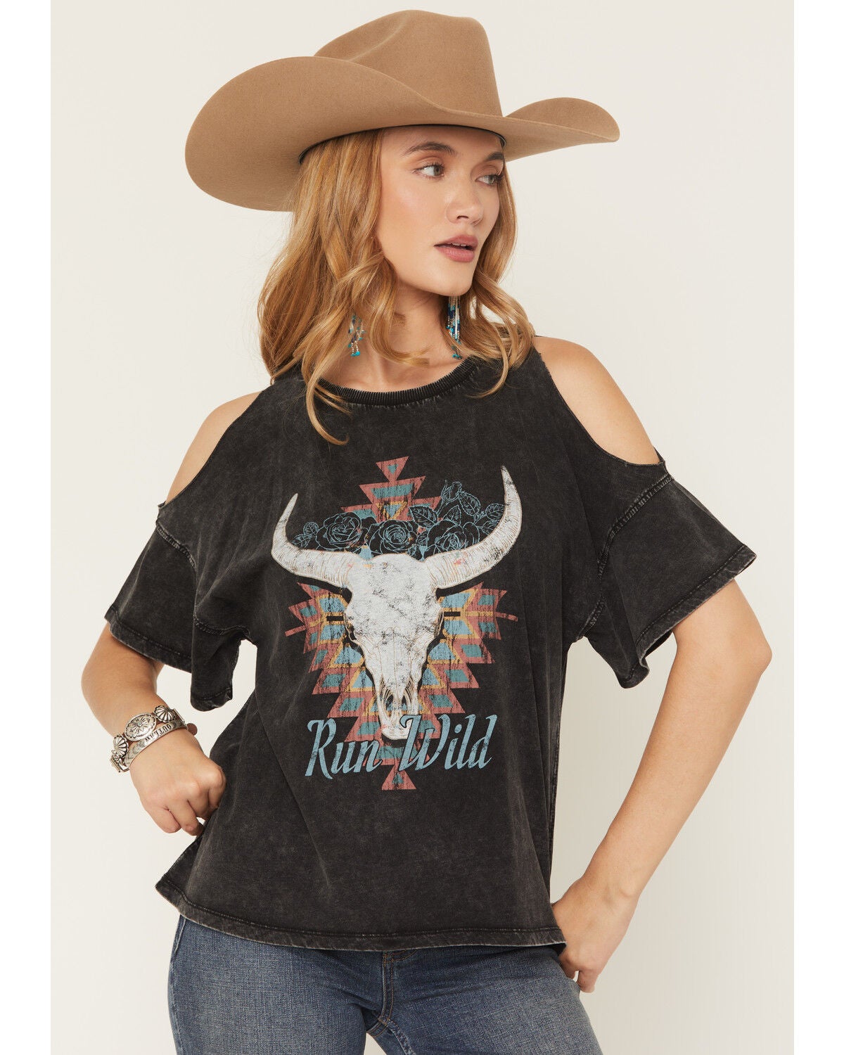 White Crow Women's Run Wild Cold Shoulder Short Sleeve Graphic Tee, Black, hi-res
