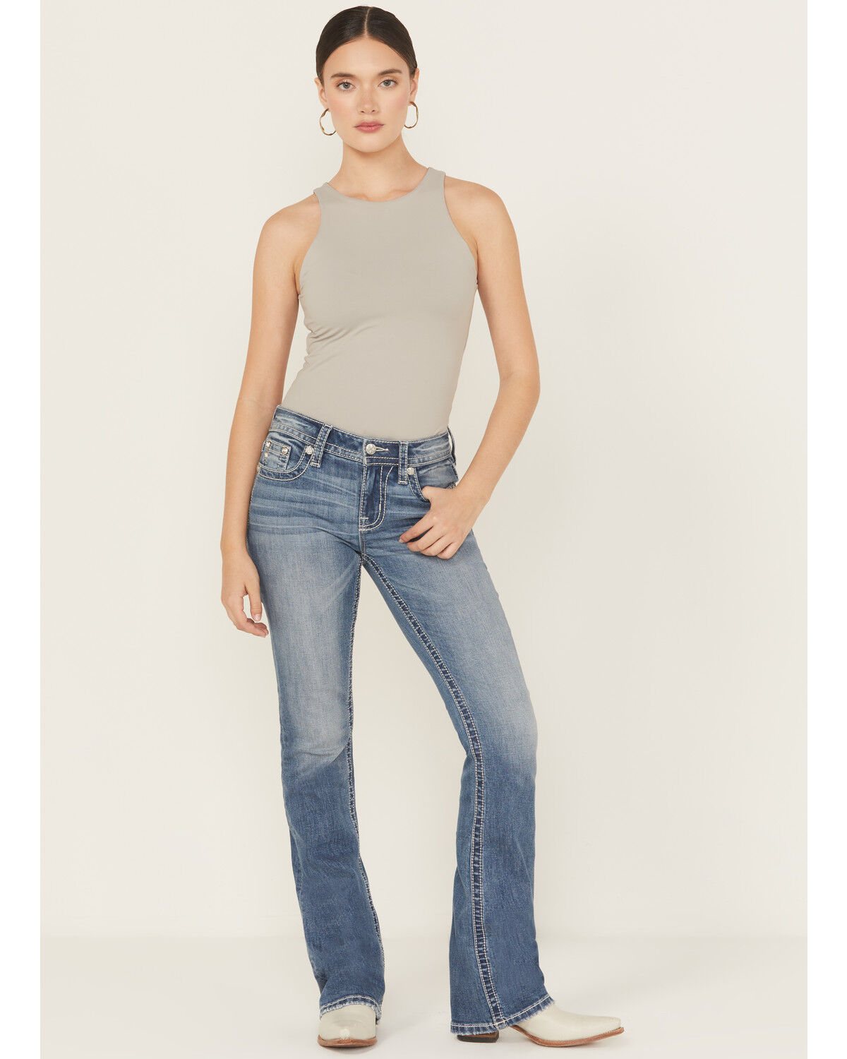 Product Name:  Miss Me Women's Medium Wash Mid Rise Butterfly Pocket Bootcut Stretch Denim Jeans - Long