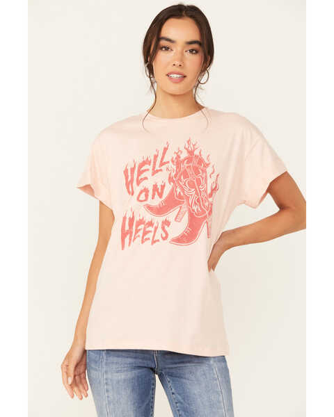 Youth in Revolt Women's Hell on Heels Rolled Short Sleeve Graphic Tee, Light Pink, hi-res