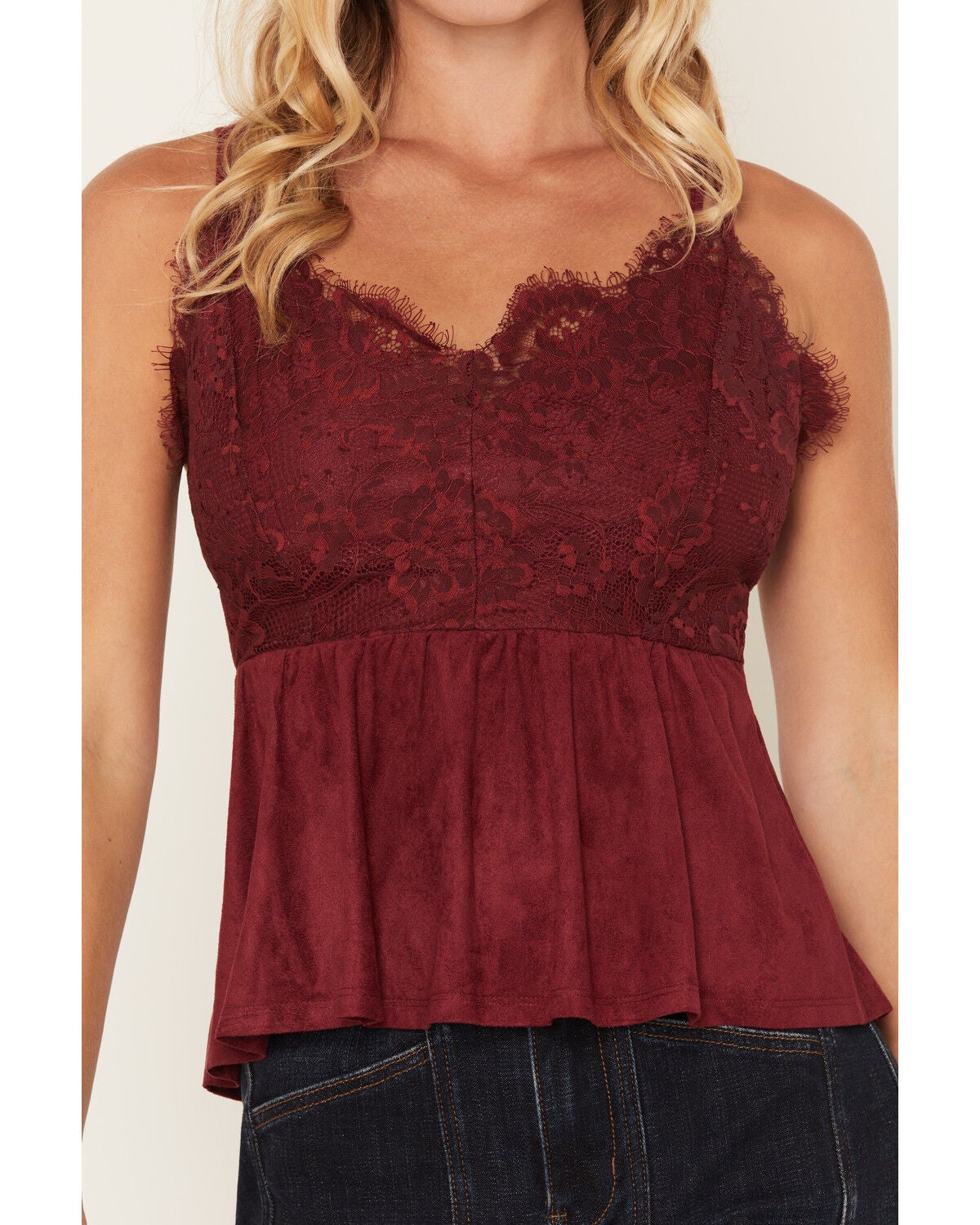 Image #3 - Shyanne Women's Stella Faux Suede Crochet Lace Tank, Maroon, hi-res