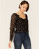 En Creme Women's Long Sleeve Foil Ruffle Blouse, Black, hi-res