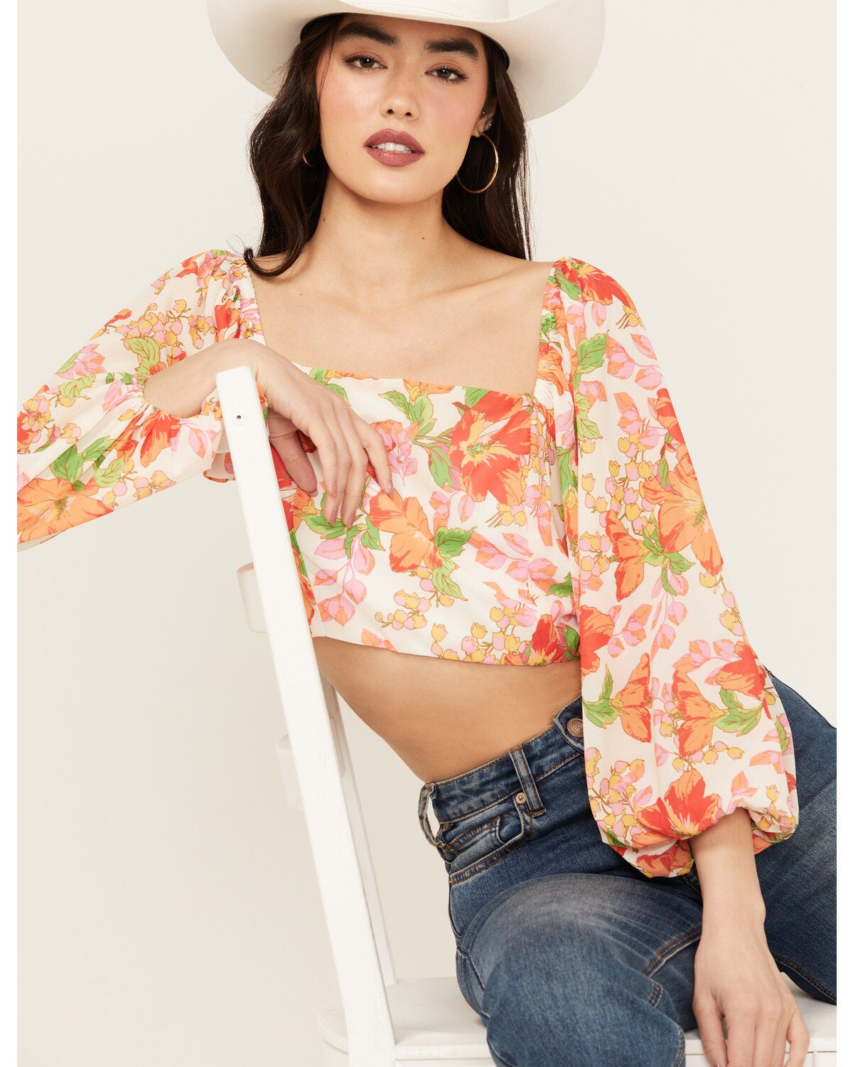 Flying Tomato Women's Floral Long Sleeve Crop Top, White, hi-res