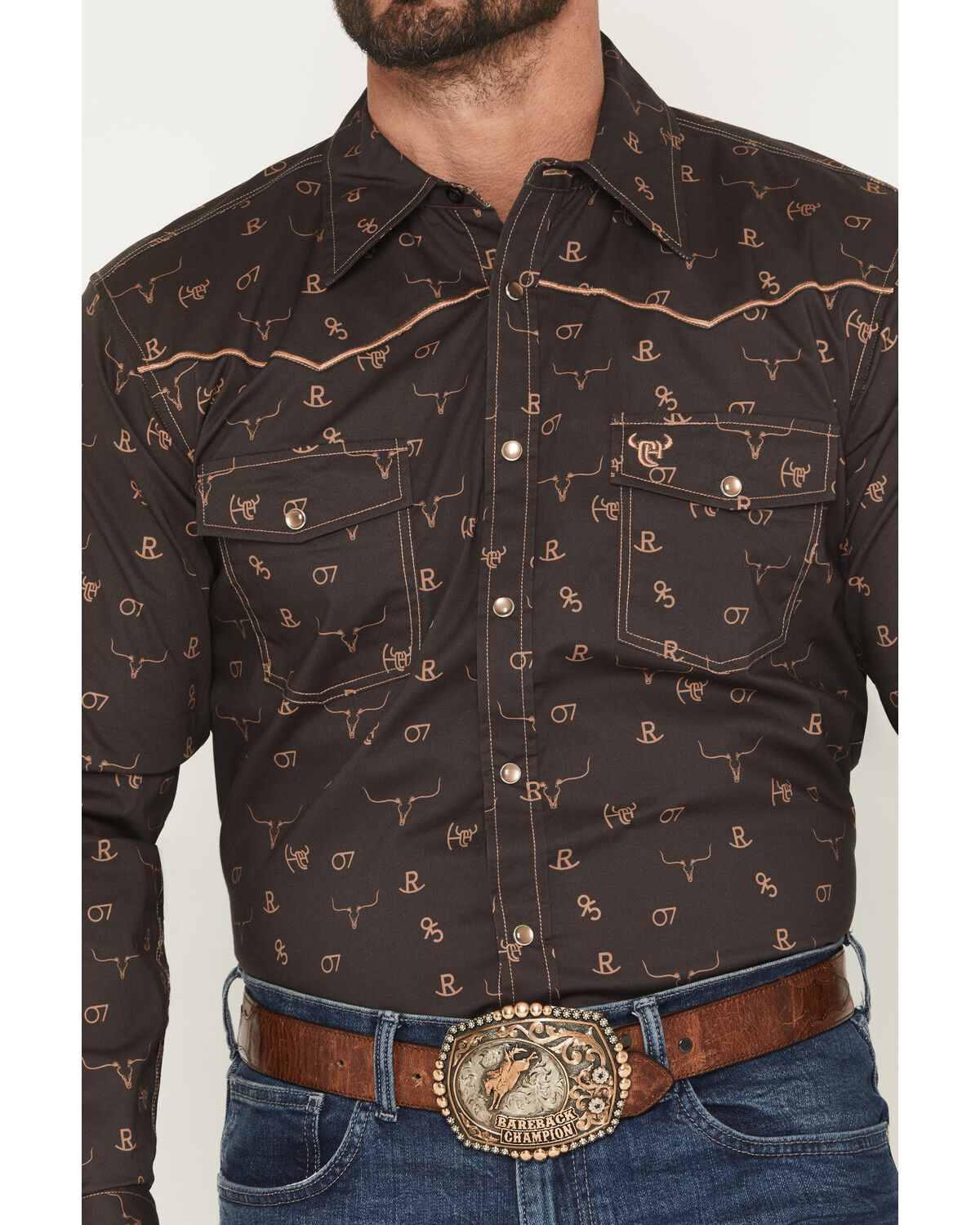 Image #3 - Cowboy Hardware Men's Brand Irons Print Long Sleeve Snap Stretch Western Shirt, Dark Brown, hi-res