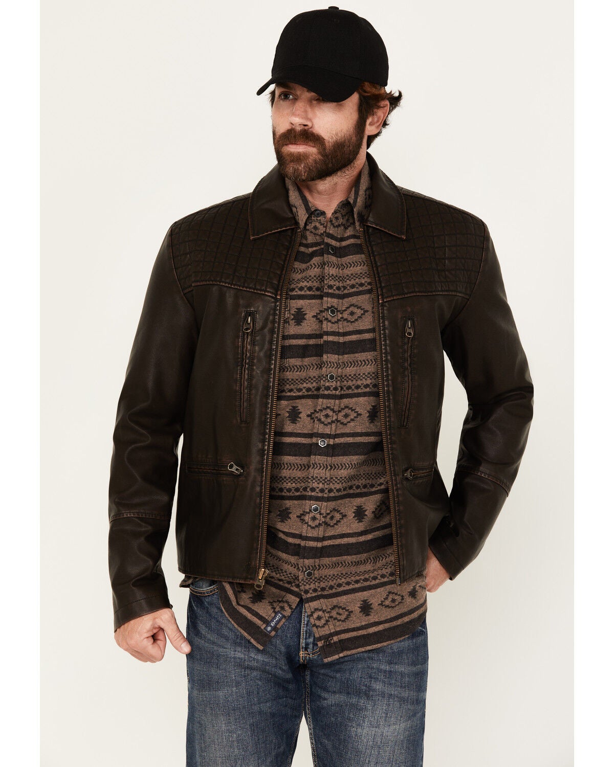 Moonshine Spirit Men's Outlaw Faux Leather Moto Biker Jacket, Dark Brown, hi-res