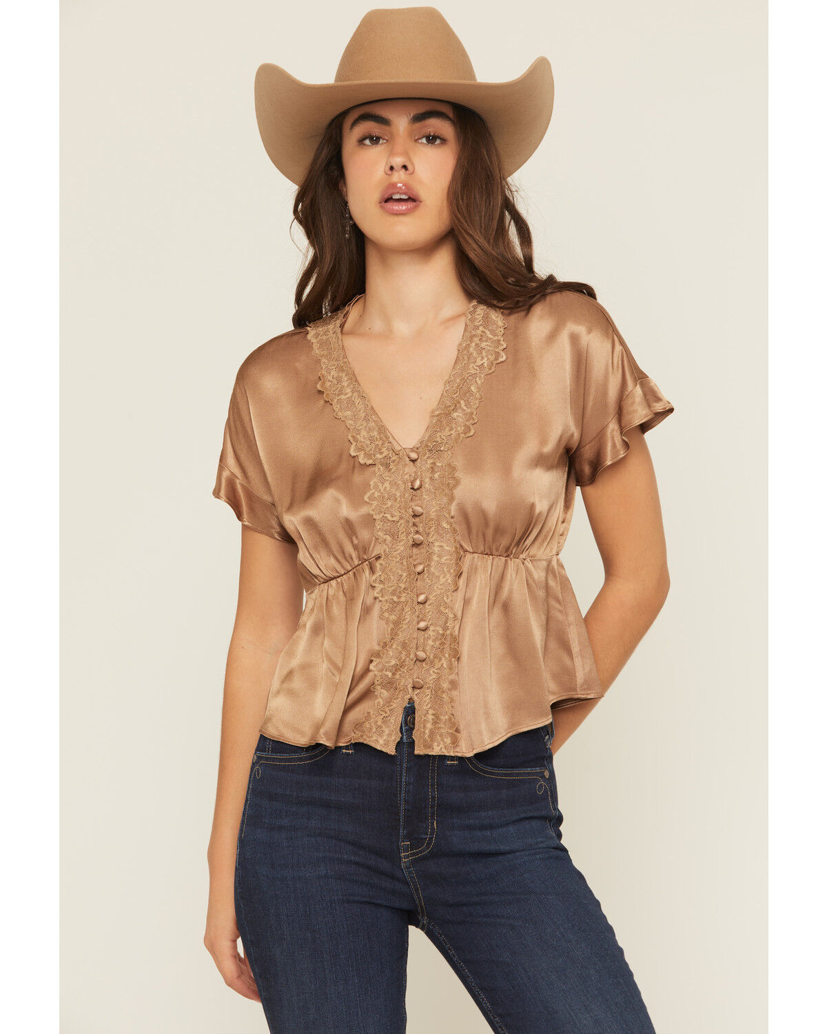 Shyanne Women's Satin Lace Trim Short Sleeve Button-Down Shirt, Coffee, hi-res