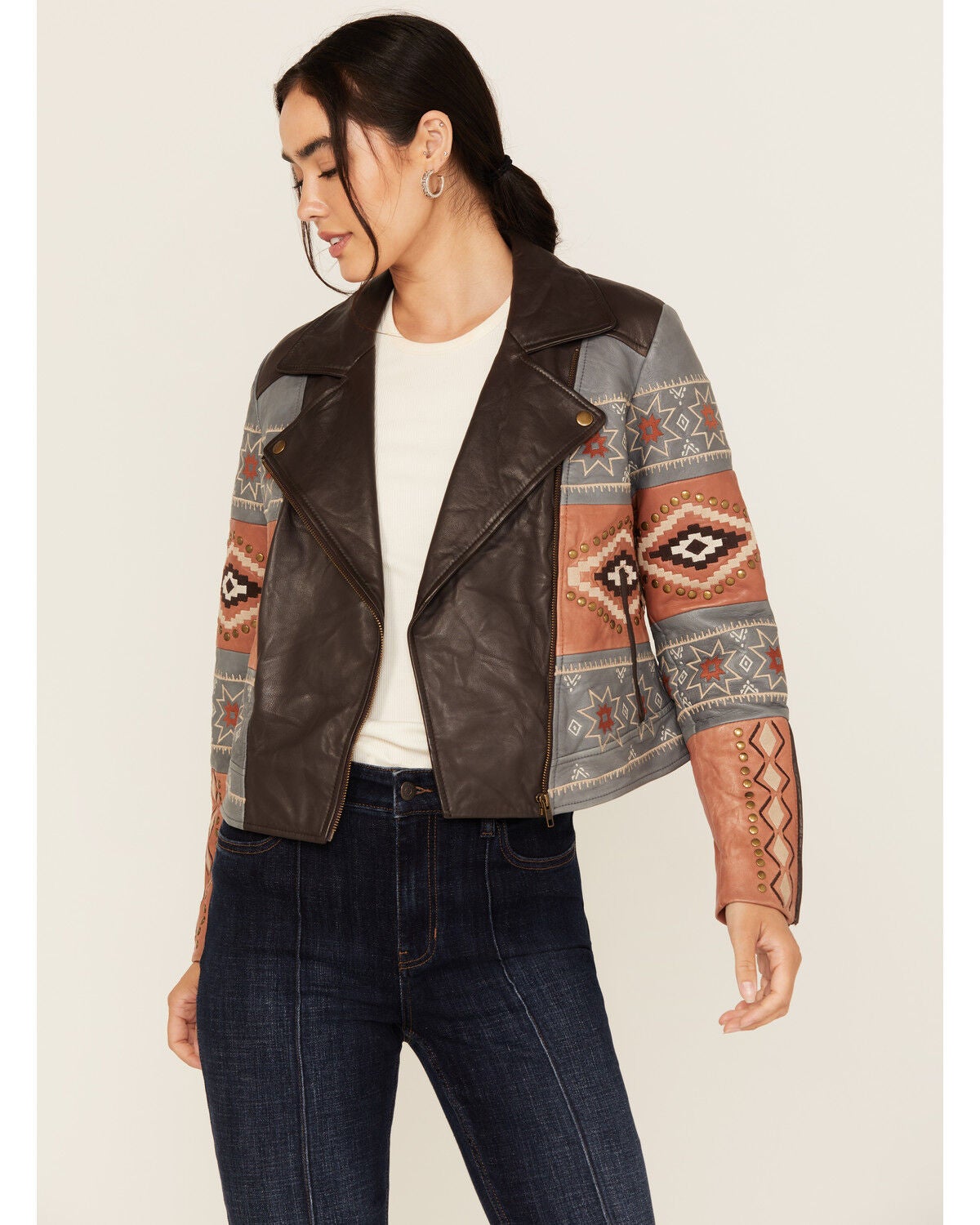 Shyanne Women's Embellished and Embroidered Leather Jacket, Chocolate, hi-res