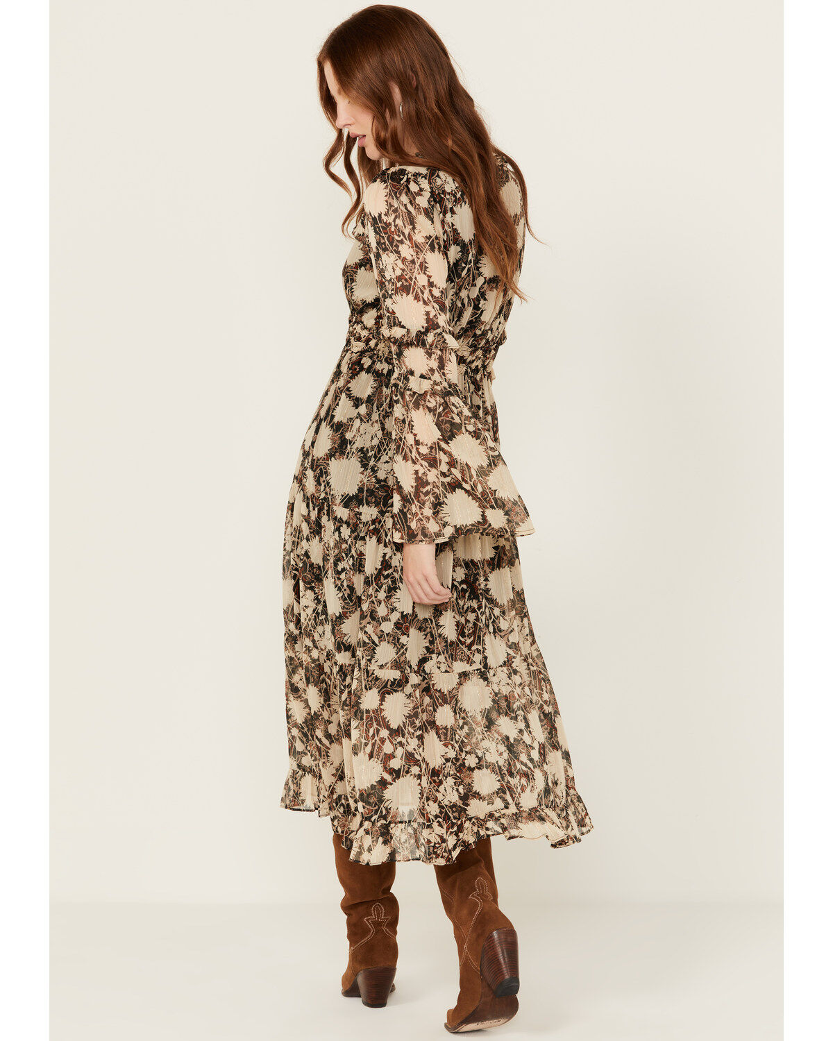 Image #4 - Miss Me Women's Floral Print Long Sleeve Midi Dress, Black, hi-res