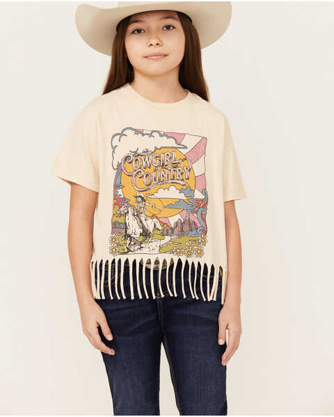 American Highway Girls' Cowgirl Country Short Sleeve Fringe Graphic Tee, Cream, hi-res