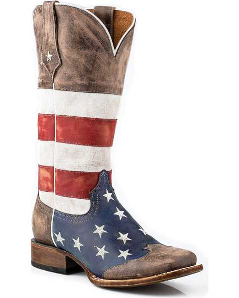 Image #1 - Roper Women's Distressed American Flag Western Boots - Square Toe, , hi-res