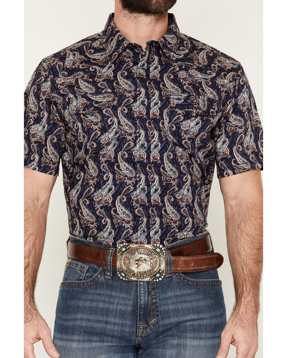 Image #3 - Cody James Men's Easy Livin' Paisley Print Short Sleeve Snap Western Shirt - Tall, Navy, hi-res