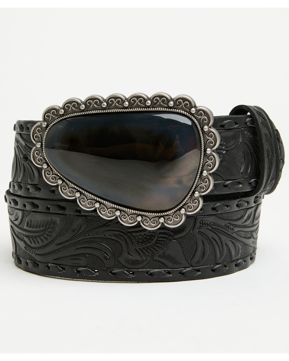 Image #1 - Shyanne Women's Whipstitch Agate Stone Buckle Belt, Black, hi-res