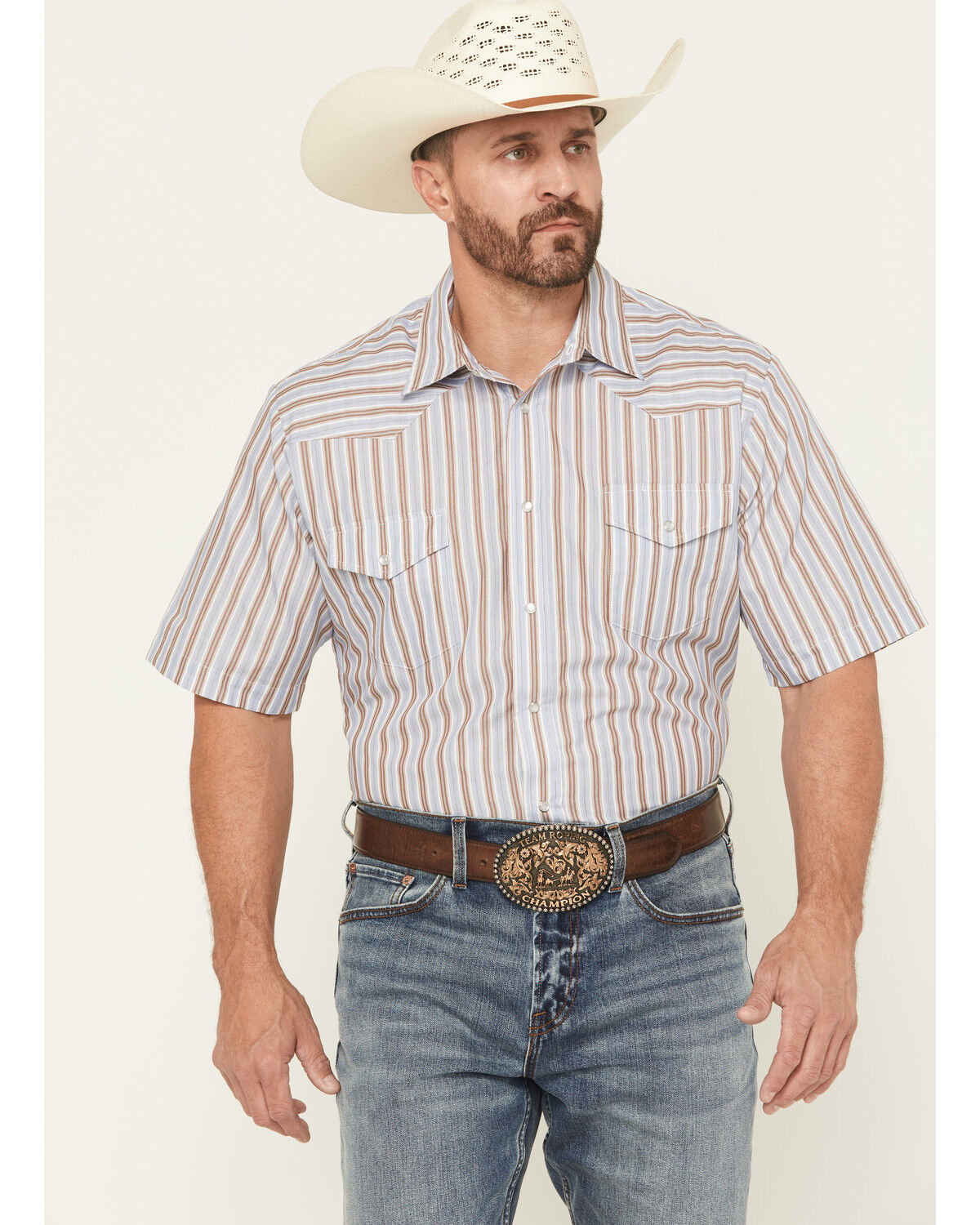 Image #1 - Roper Men's Striped Print Short Sleeve Snap Stretch Western Shirt, Light Blue, hi-res