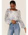 En Crème Women's Paisley Peasant Ruffle Hem Woven Top, Blue, hi-res