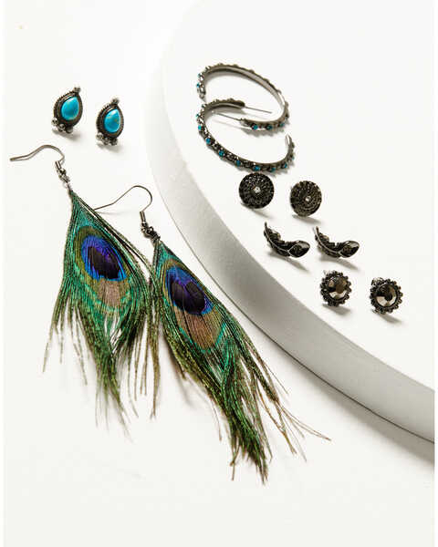 Shyanne Women's Enchanted Forest 6-Piece Peacock Feather Earrings Set, Pewter, hi-res