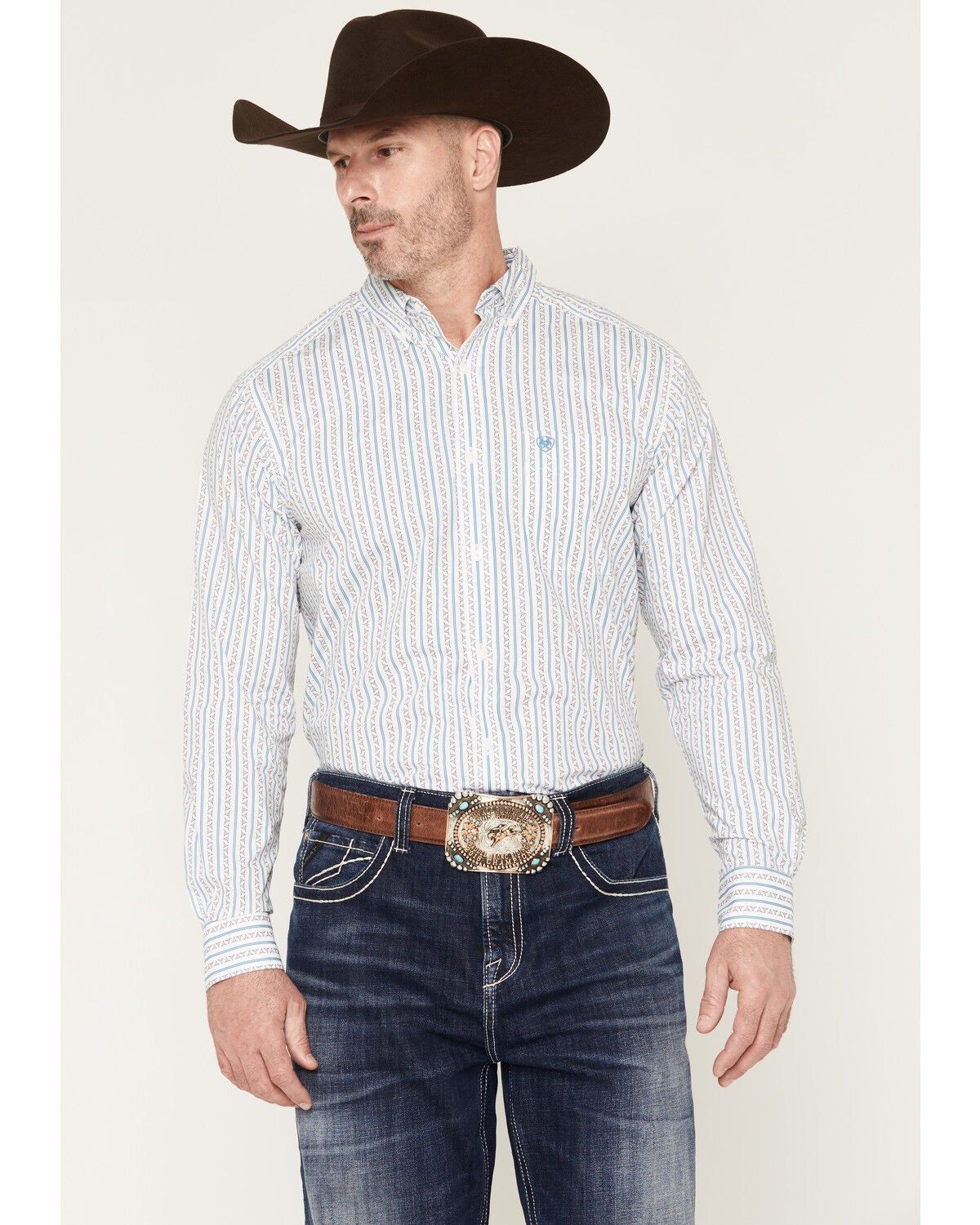 Image #1 - Ariat Men's Crow Longhorn Striped Fitted Long Sleeve Button-Down Western Shirt, White, hi-res