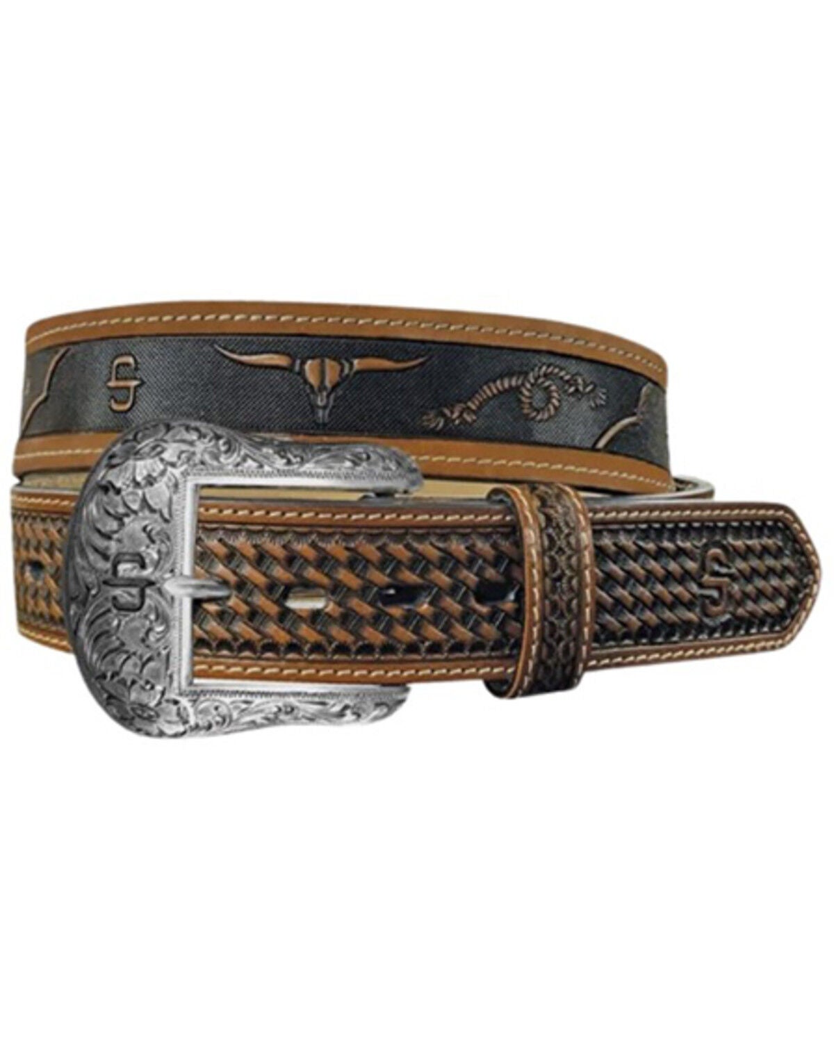 Stetson Men's Western Icons Tooled Leather Belt, Cognac, hi-res