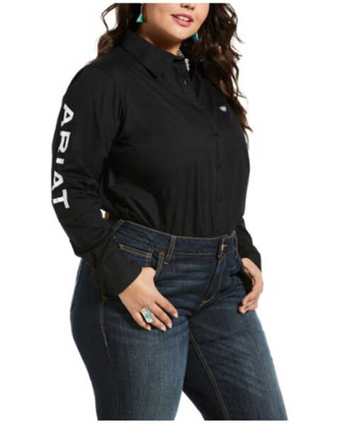 Ariat Women's Team Kirby Stretch Logo Long Sleeve Shirt - Plus, Black, hi-res