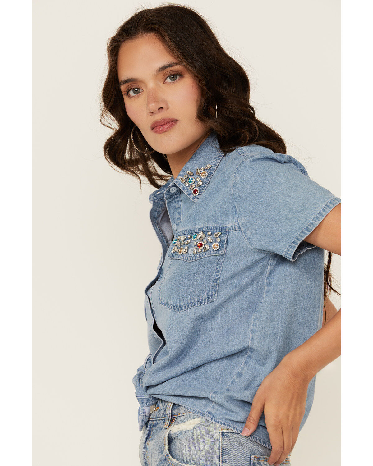 Image #2 - Blue B Women's Light Wash Rhinestone Short Sleeve Button-Down Denim Shirt, Blue, hi-res