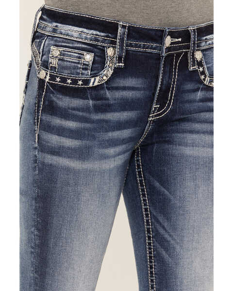 Image #4 - Miss Me Women's Low Rise Dark Wash Tonal Americana Border Bootcut Jeans, Dark Wash, hi-res