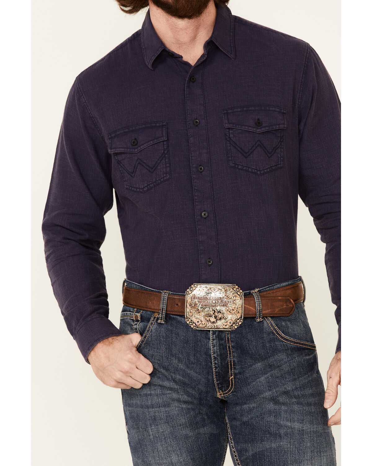 Image #3 - Wrangler Retro Premium Men's Solid Long Sleeve Button-Down Western Shirt, Blue, hi-res
