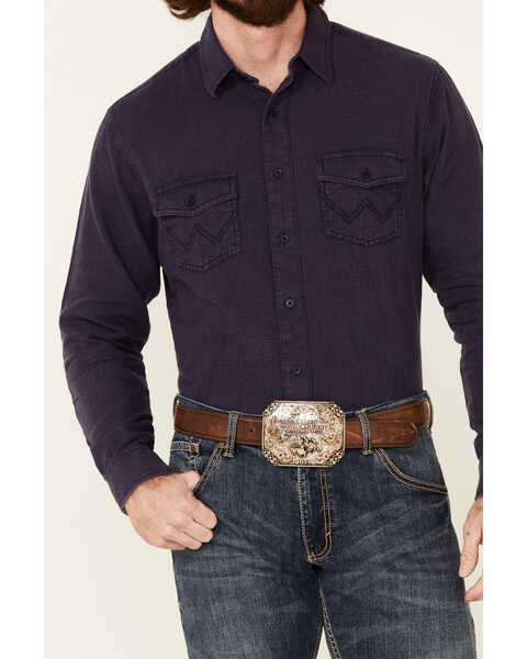 Wrangler Retro Premium Men's Solid Long Sleeve Button Down Western Shirt , Blue, hi-res