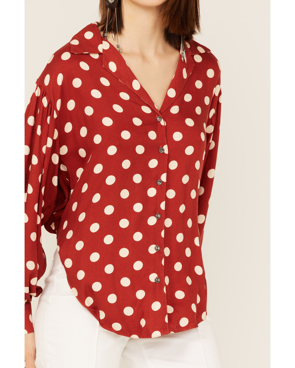 Image #3 - Maggie Sweet Women's Almeria Polka Dot Long Sleeve Button Down Shirt, Red, hi-res