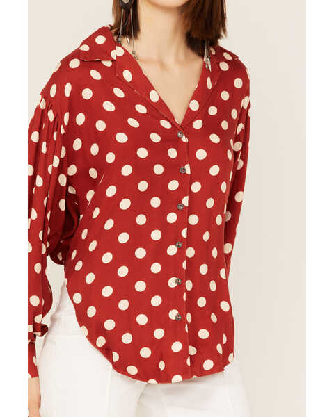 Maggie Sweet Women's Almeria Polka Dot Long Sleeve Button Down Shirt, Red, hi-res