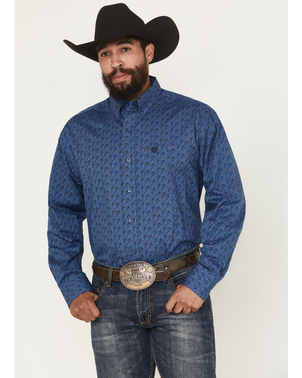George Strait by Wrangler Men's Floral Print Long Sleeve Button-Down Stretch Western Shirt - Big, Blue, hi-res