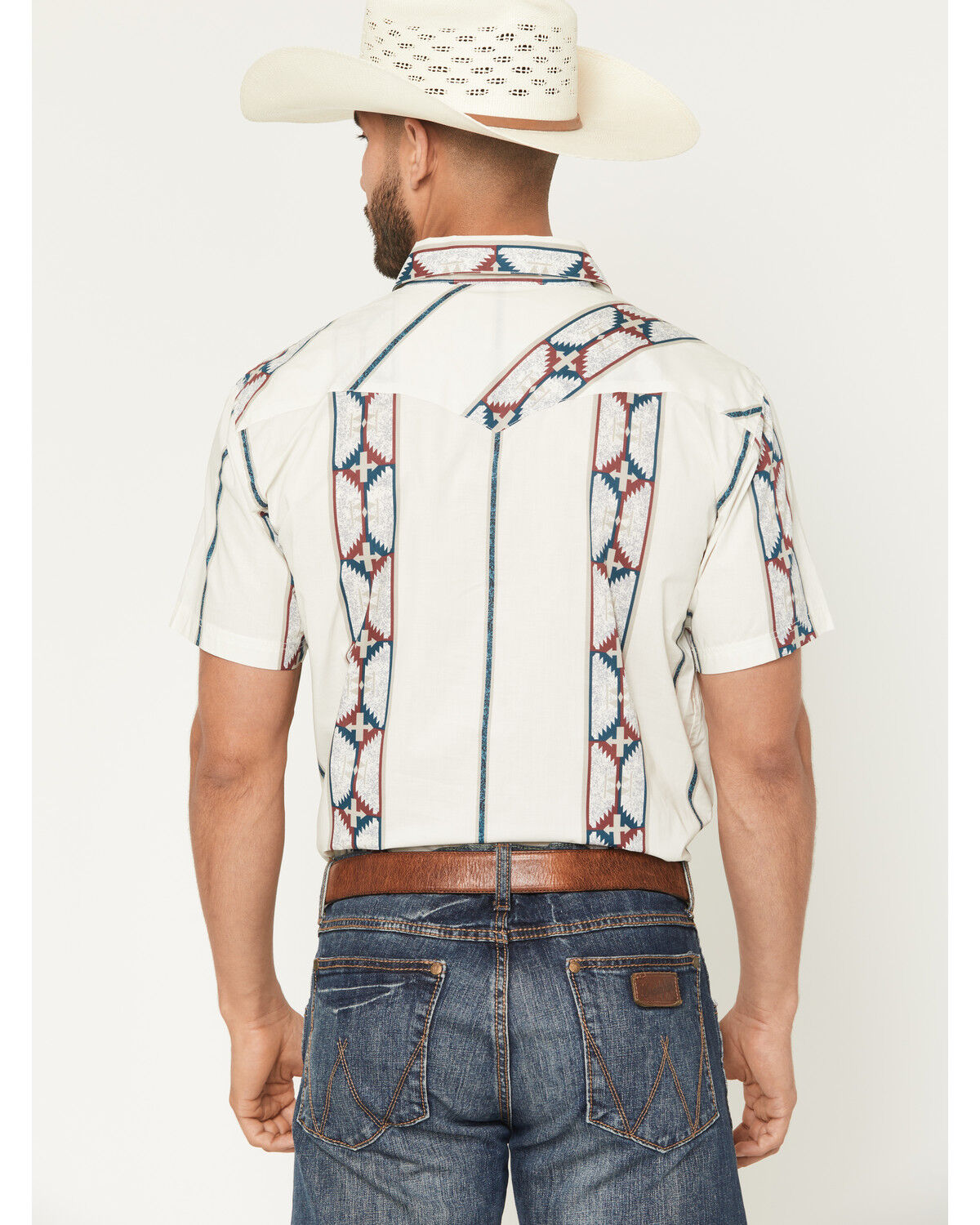 Image #4 - Panhandle Men's Southwestern Stripe Print Short Sleeve Snap Western Shirt, Cream, hi-res