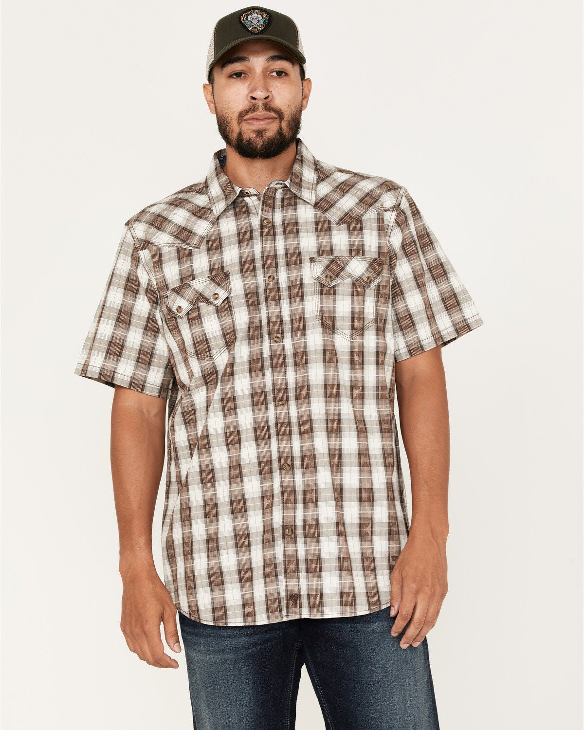 Moonshine Spirit&reg; Men's Twisted Barb Plaid Snap Western Shirt, Brown, hi-res