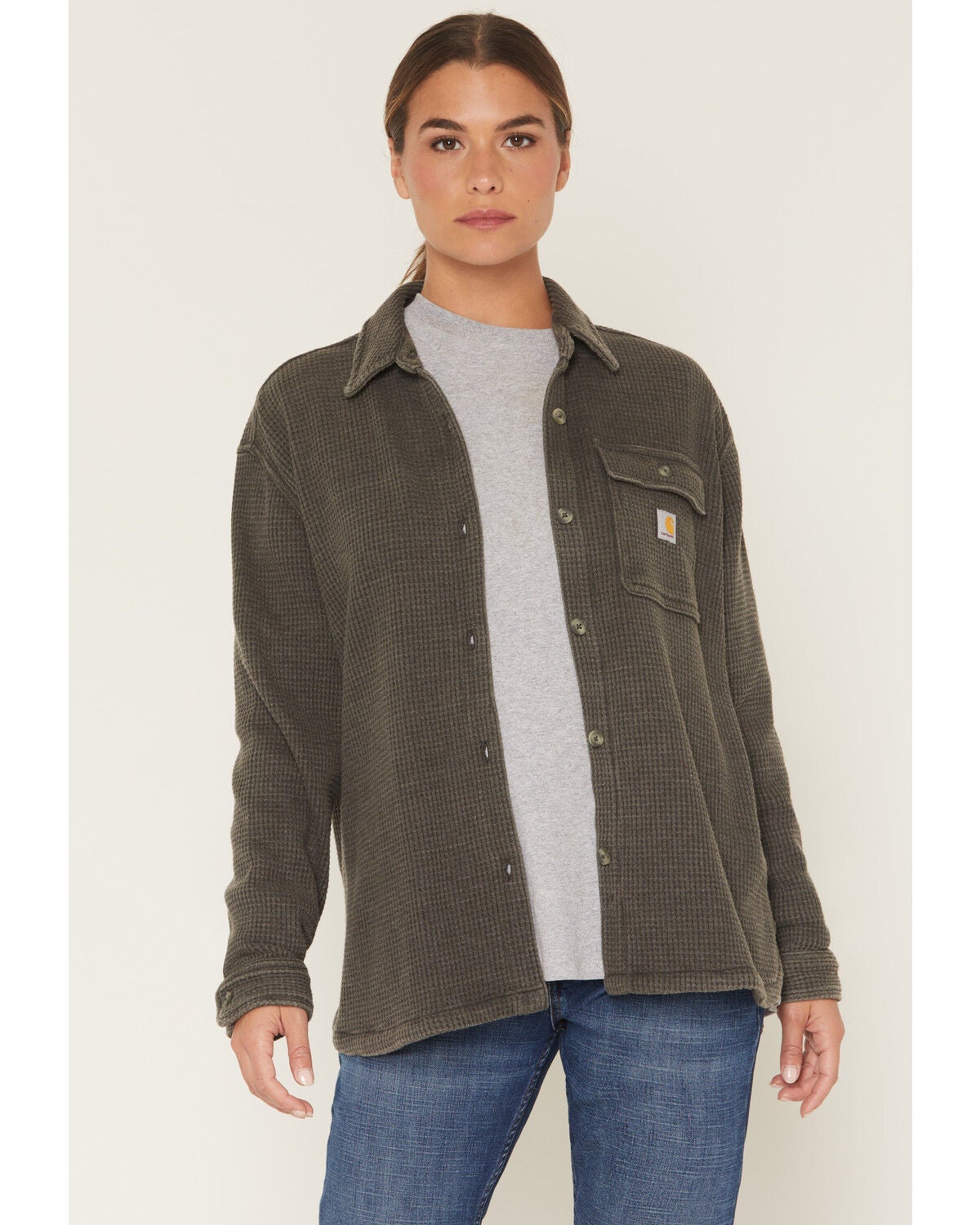 Carhartt Women's Oversized Fit Heavyweight Waffle Knit Work Shirt, Charcoal, hi-res