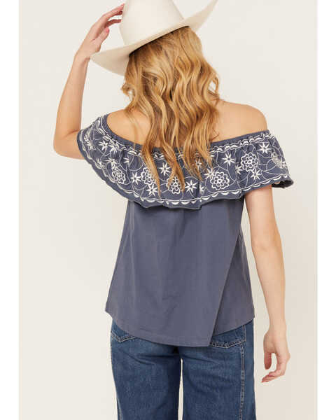 Panhandle Women's Off The Shoulder Floral Embroidered Top, Navy, hi-res