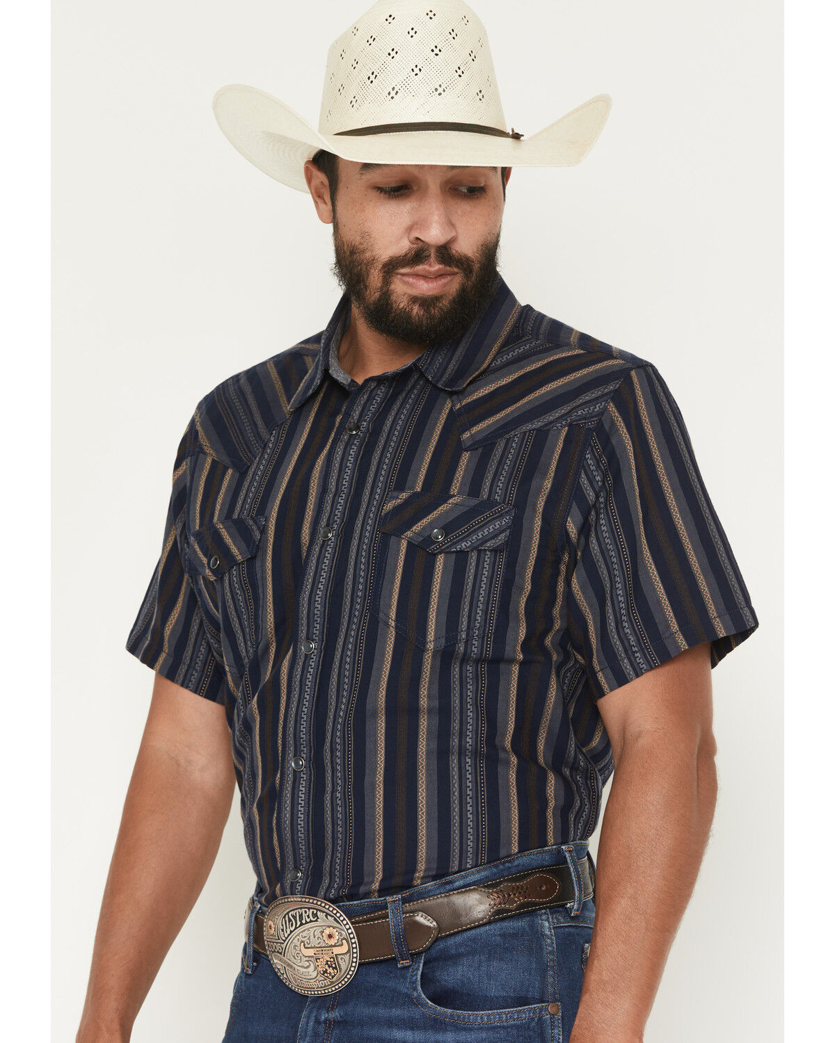 Image #2 - Cody James Men's Highland Rim Striped Print Short Sleeve Snap Western Shirt, Navy, hi-res