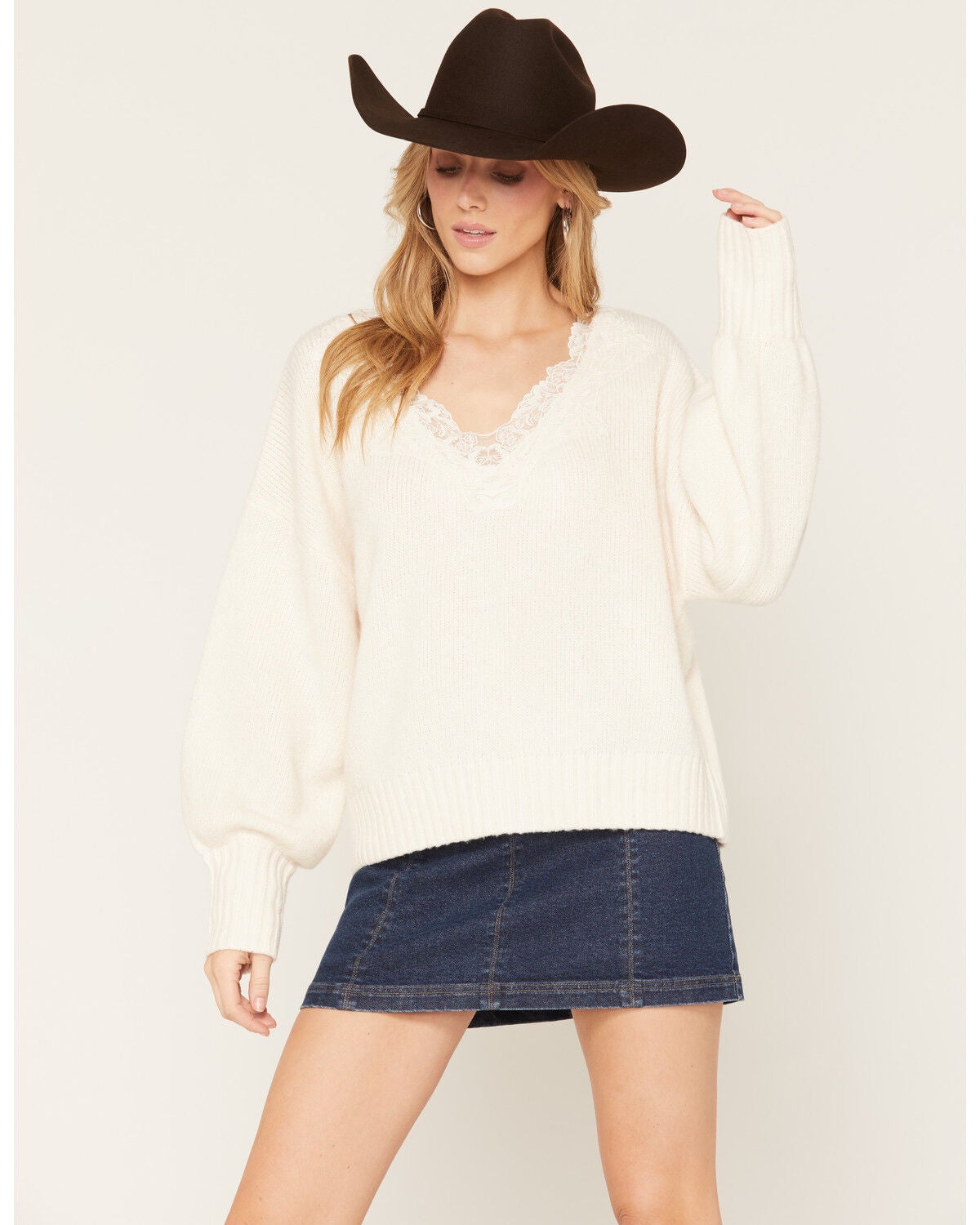 Image #1 - Cleo + Wolf Women's Lace Trim Sweater, Ivory, hi-res