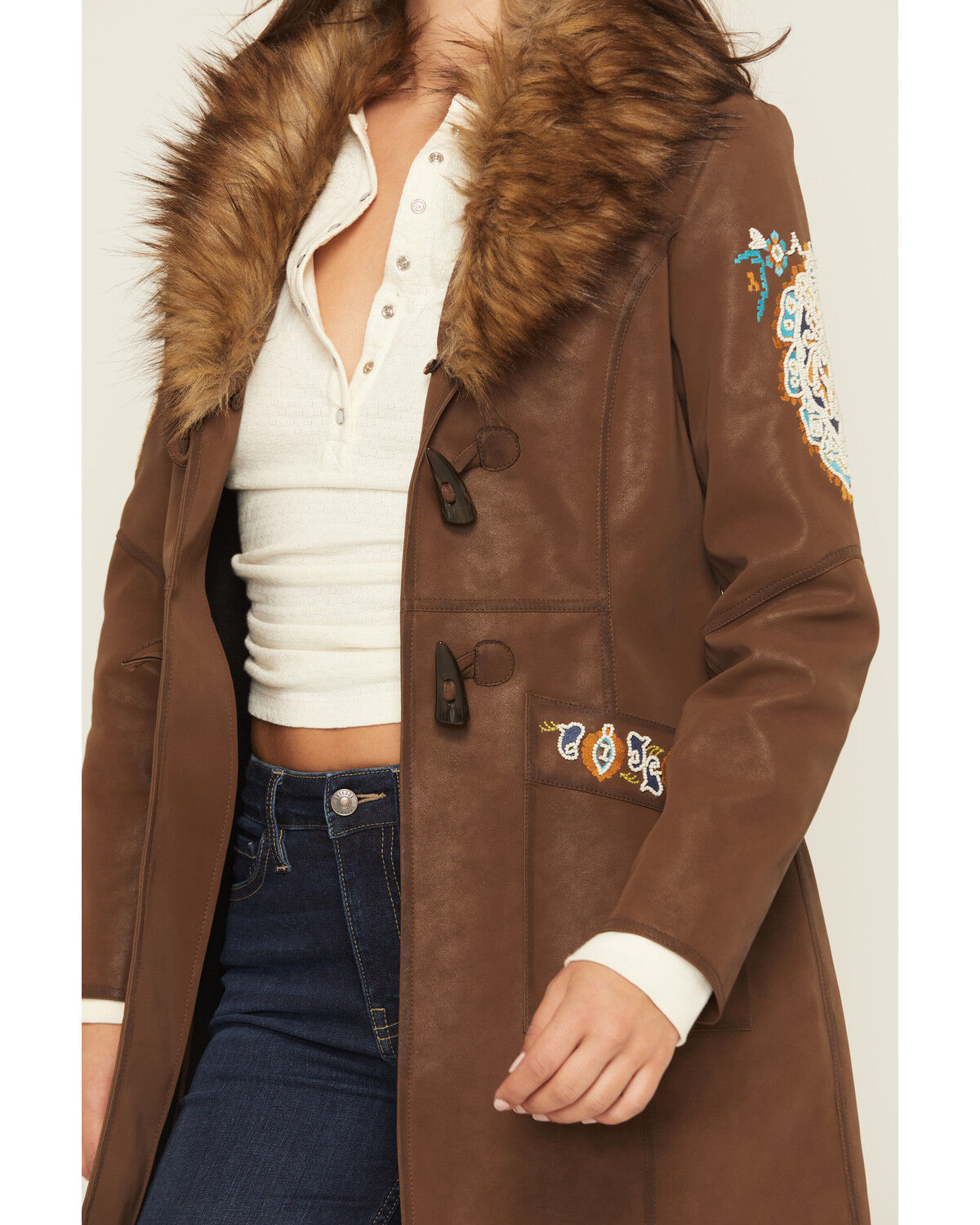 Image #3 - Shyanne Women's Faux Leather Fur Collar Embroidered Coat, Brown, hi-res