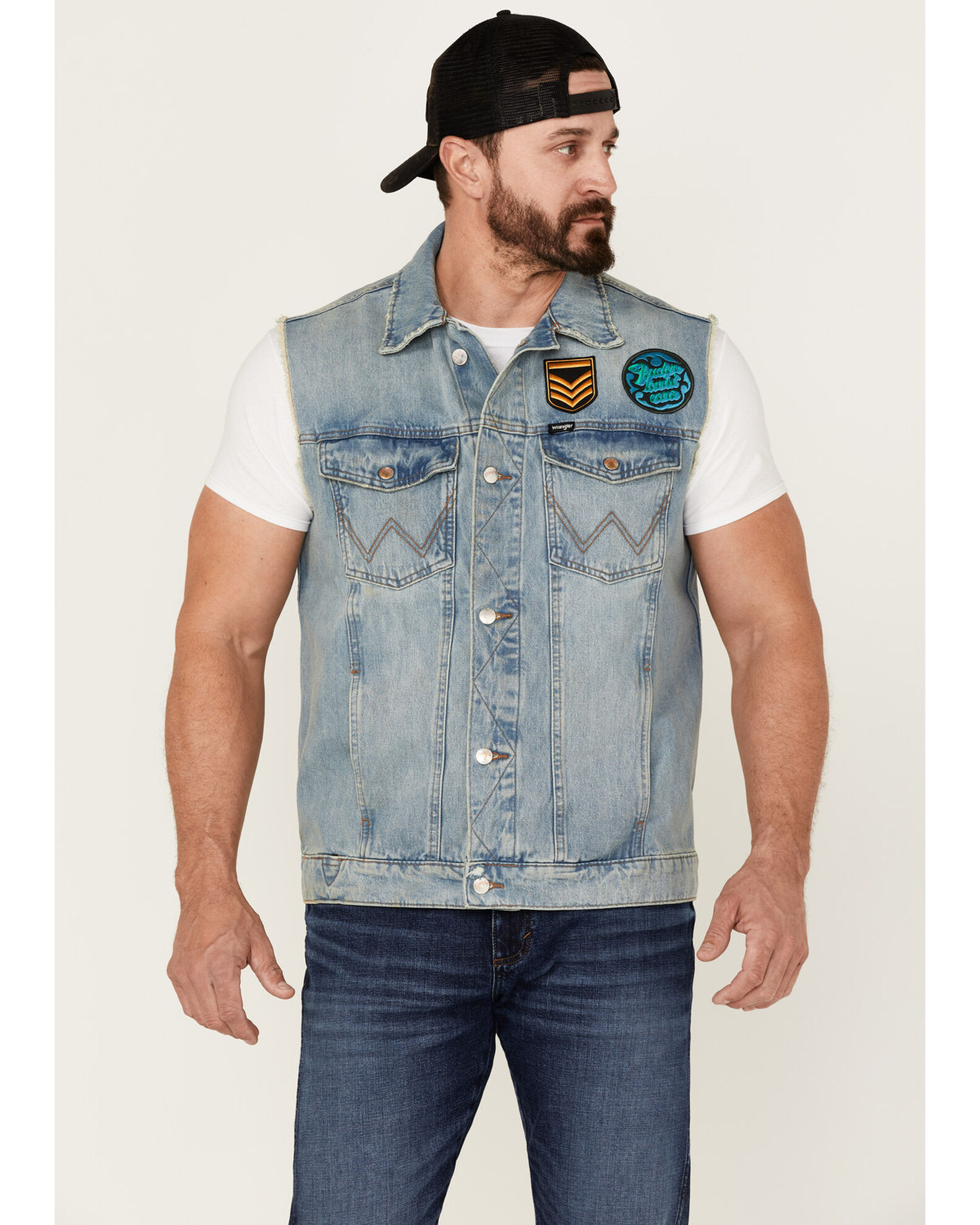 Wrangler X Fender Men's Cowboy Rockstar Patch Denim Vest | Boot Barn