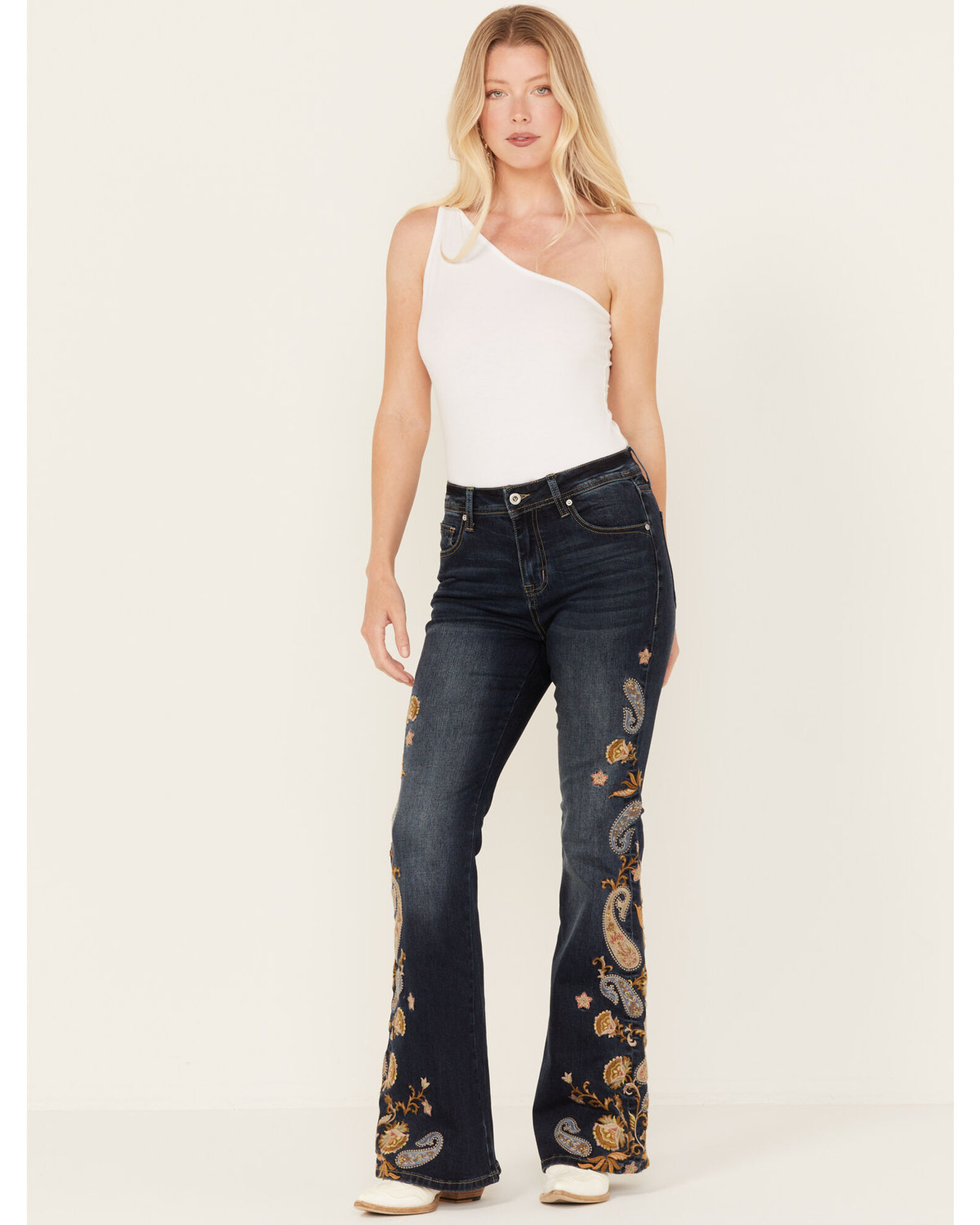 Navy Blue Floral Embroidered Flare Jeans, Mid-Stretch Slim Fit Bell Bottom  Jeans, Women's Denim Jeans & Clothing