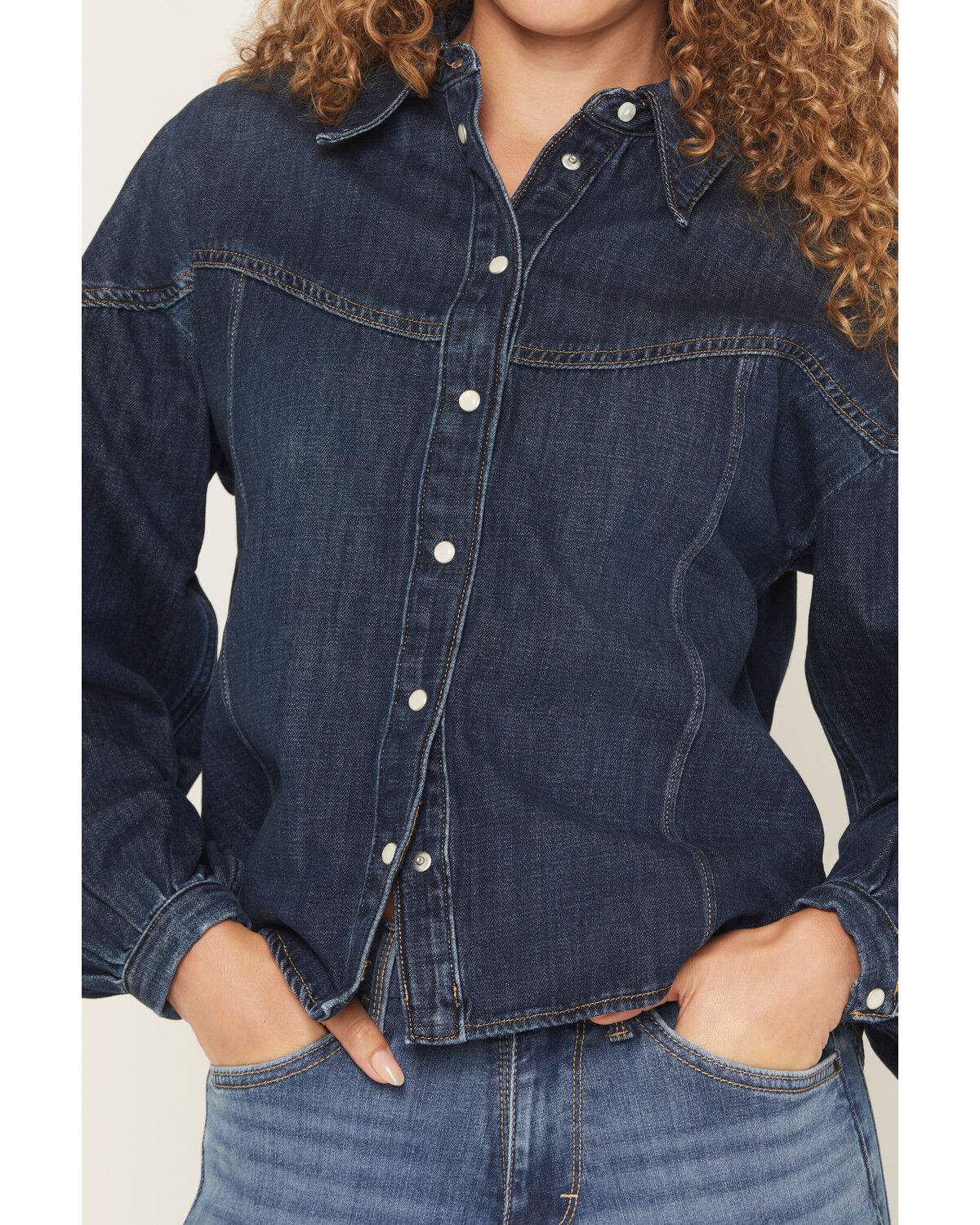 Image #3 - Wrangler Women's Dark Wash Pintuck Long Sleeve Snap Denim Shirt, Dark Wash, hi-res
