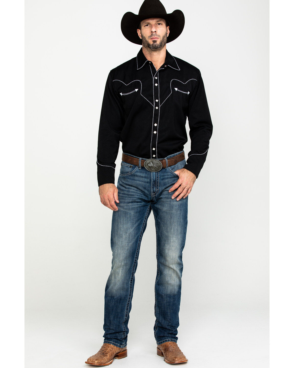 Image #6 - Scully Men's Embroidered Long Sleeve Snap Western Shirt, Black, hi-res