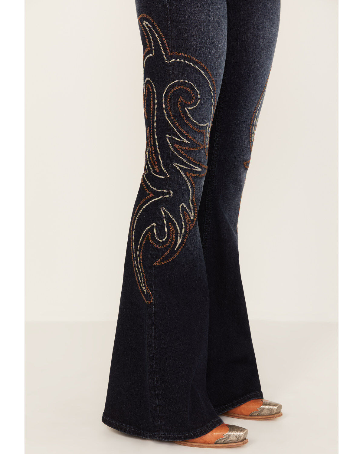 Product Name:  Shyanne Women's Dark Wash Mid Rise Embroidered Flare Jeans