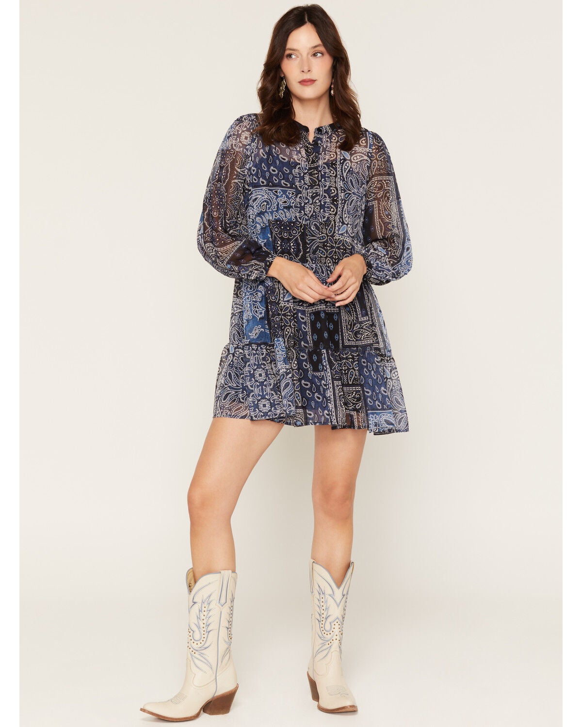 Lili Sidonio Women's Bandana Print Long Sleeve Button-Front Sheer Mini Dress, Navy, hi-res