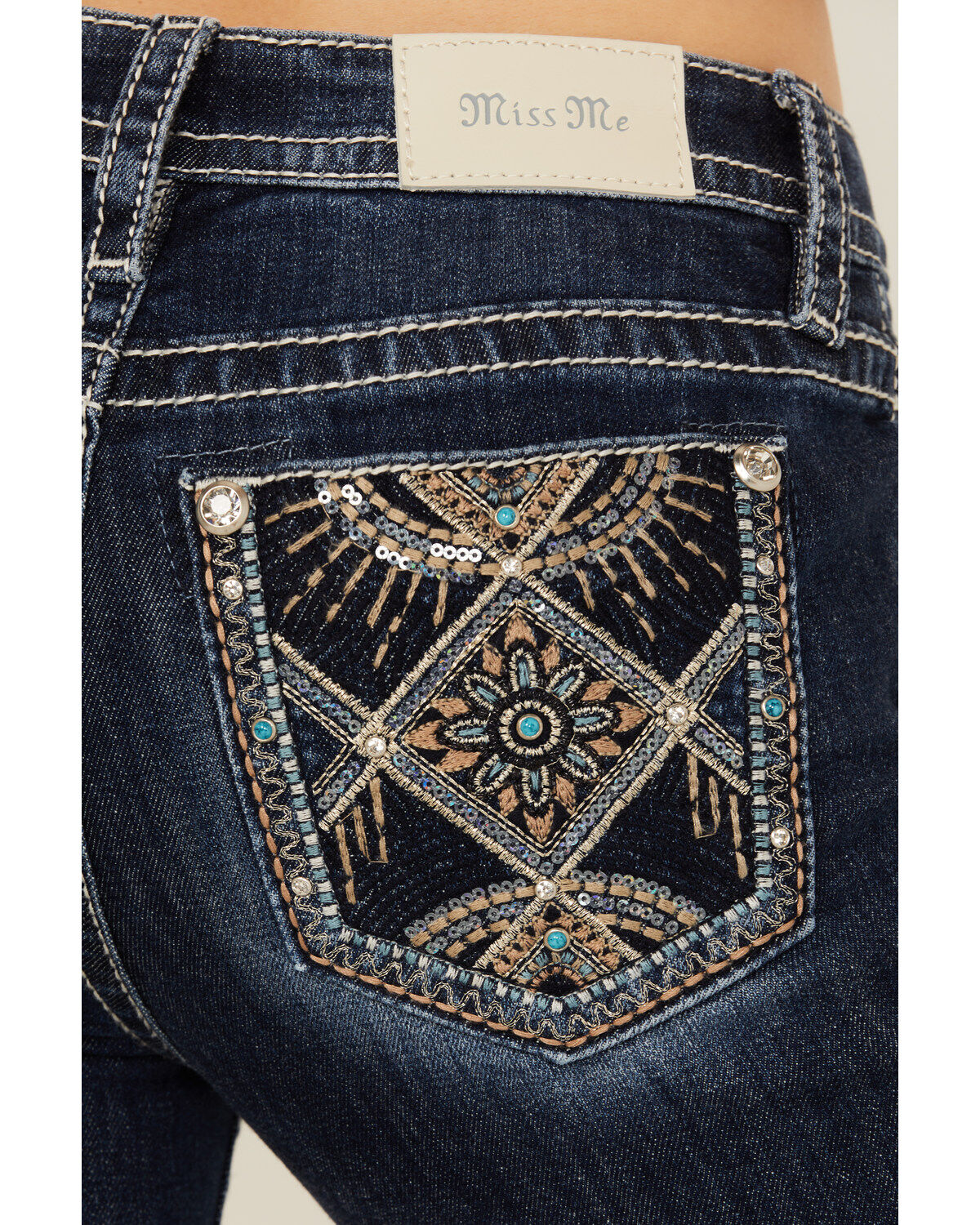 Image #2 - Miss Me Women's Dark Wash Mid Rise Patchwork Pocket 34" Bootcut Stretch Denim Jeans, Dark Wash, hi-res