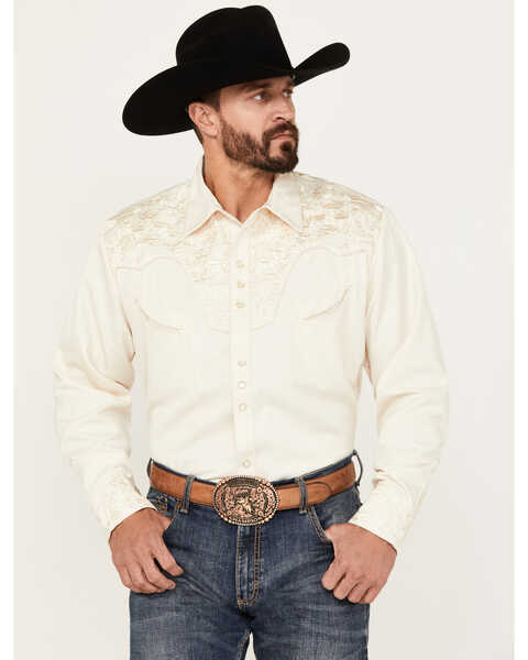 Scully Men's Gunfighter Embroidery Long Sleeve Snap Western Shirt, Ivory, hi-res